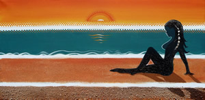 Painting of a sunset and woman